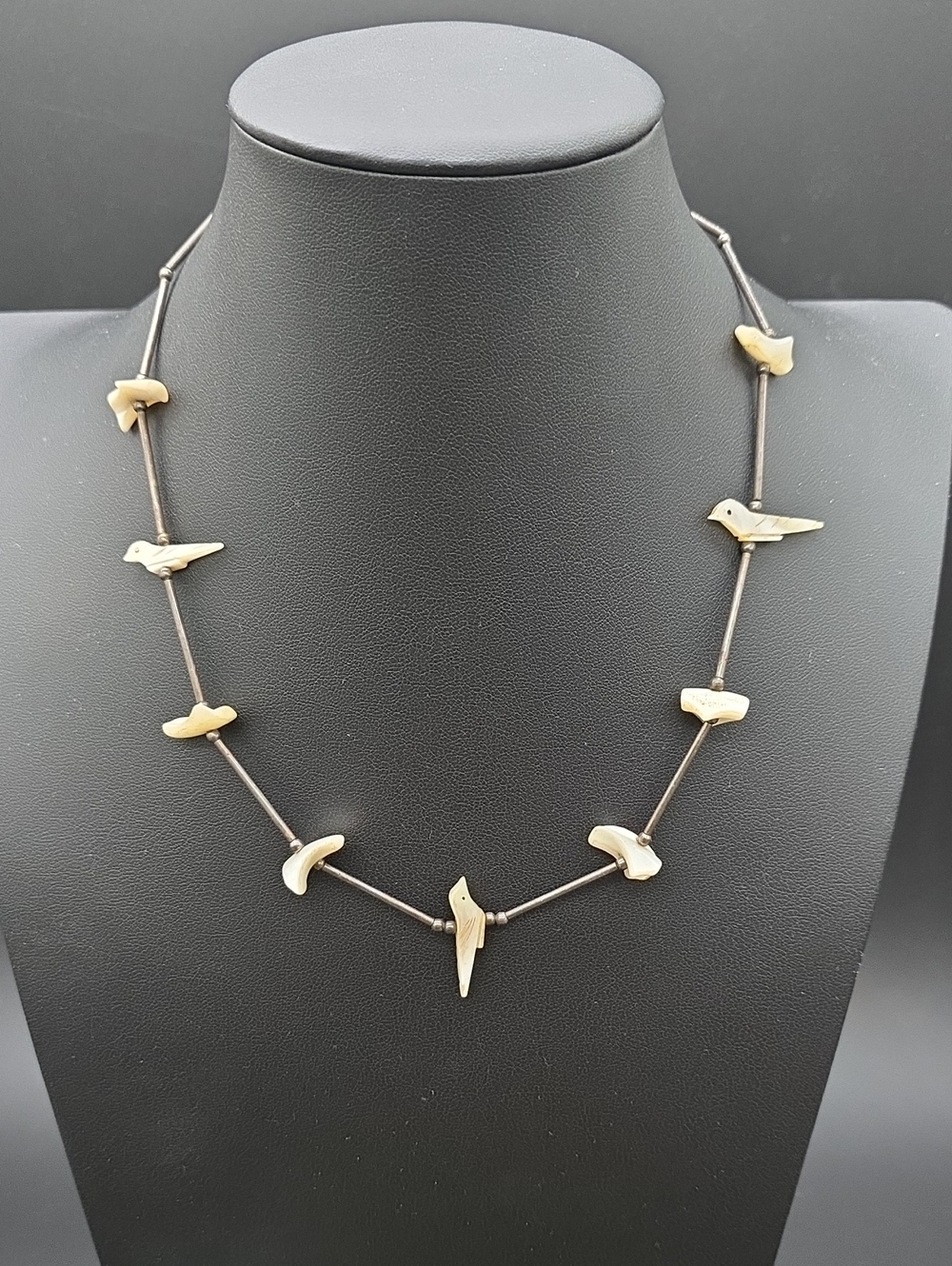 vintage Native American liquid silver necklace carved mother-of-pearl birds